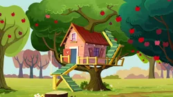 Size: 1280x720 | Tagged: safe, derpibooru import, screencap, hearts and hooves day (episode), apple, apple tree, background, clubhouse, crusaders clubhouse, food, image, no pony, png, ponyville, scenic ponyville, tree