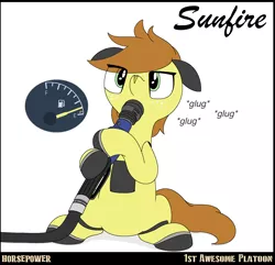 Size: 2048x1977 | Tagged: safe, artist:ethanchang, derpibooru import, ponified, original species, pony, 1st awesome platoon, car pony, drinking, female, fuel gauge, gas pump, image, mare, onomatopoeia, png, pontiac, pontiac sunfire, solo