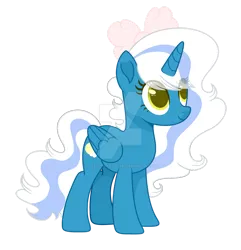 Size: 1280x1330 | Tagged: safe, artist:thestupidartist951, derpibooru import, oc, oc:fleurbelle, unofficial characters only, alicorn, pony, alicorn oc, bow, female, hair bow, horn, image, mare, png, simple background, solo, transparent background, watermark, wings, yellow eyes