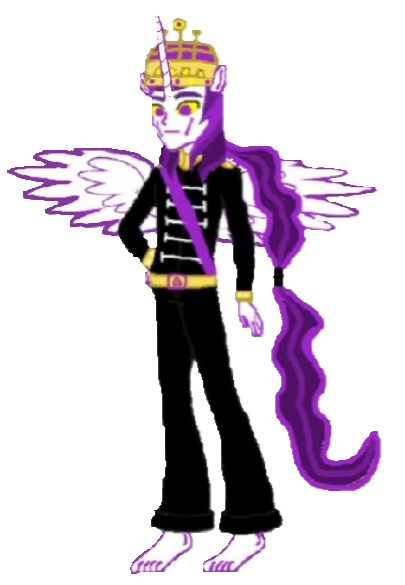 Size: 405x585 | Tagged: safe, artist:loomytyranny, derpibooru import, oc, oc:loomy tyranny, alicorn, demon, hybrid, equestria girls, 1000 hours in ms paint, barefoot, crown, feet, hierarchy city, illuminati, image, jewelry, leader, monarch, png, pony world order, ponytail, purple, regalia, the last american war, tyrant, unicorn horn, wings