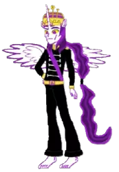 Size: 405x585 | Tagged: safe, artist:loomytyranny, derpibooru import, oc, oc:loomy tyranny, alicorn, demon, hybrid, equestria girls, 1000 hours in ms paint, barefoot, crown, feet, hierarchy city, illuminati, image, jewelry, leader, monarch, png, pony world order, ponytail, purple, regalia, the last american war, tyrant, unicorn horn, wings