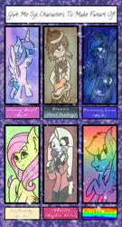 Size: 1103x2048 | Tagged: safe, artist:aquabright0219, derpibooru import, fluttershy, princess flurry heart, princess luna, rainbow dash, alicorn, human, pegasus, pony, six fanarts, :d, charlie magne, crossover, cute, female, filly, flower, food fantasy, hazbin hotel, horn, image, jewelry, mare, open mouth, png, raised hoof, shyabetes, smiling, tiara, wings