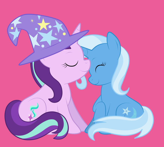 Size: 3335x3000 | Tagged: safe, artist:squipycheetah, derpibooru import, starlight glimmer, trixie, pony, unicorn, accessory swap, clothes, cute, eyes closed, female, happy, hat, high res, image, lesbian, missing accessory, nuzzling, pink background, png, raised hoof, shipping, show accurate, simple background, smiling, startrix, the great and powerful, trixie's hat