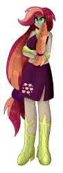 Size: 2162x5941 | Tagged: safe, artist:eeveeglaceon, derpibooru import, applejack, human, alternate hairstyle, bad anatomy, boots, choker, clothes, female, fingerless gloves, gloves, high heel boots, humanized, image, jewelry, midriff, nightmare applejack, nightmarified, png, regalia, shoes, short shirt, simple background, skirt, small head, solo, transparent background