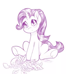 Size: 1280x1404 | Tagged: safe, artist:dstears, derpibooru import, phyllis, starlight glimmer, pony, unicorn, crying, image, jpeg, monochrome, phyllis no!, plant, potted plant, sad, sitting, solo, teary eyes, underhoof