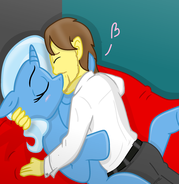 Size: 1874x1924 | Tagged: suggestive, anonymous artist, artist:grapefruitface1, color edit, derpibooru import, edit, trixie, oc, oc:grapefruit face, human, pony, bed, blushing, canon x oc, colored, eyes closed, female, grapexie, heart, human male, human male on mare, human on pony action, image, interspecies, kissing, making out, male, mare, png, pony on human action, shipping, straight, trace