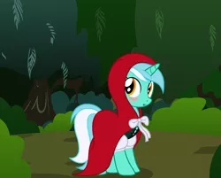 Size: 2582x2073 | Tagged: safe, alternate version, artist:badumsquish, derpibooru import, lyra heartstrings, pony, unicorn, blushing, bow, derpibooru exclusive, fairy tale, female, fluffy, forest, hood, image, little red riding hood, looking back, png, show accurate, solo, tree