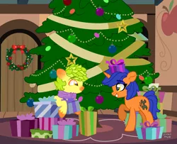 Size: 2500x2028 | Tagged: safe, artist:dianamur, artist:minty joy, derpibooru import, oc, oc:pineapone, oc:twist cable, earth pony, pony, unicorn, base used, christmas, christmas lights, christmas tree, clothes, earth pony oc, gift wrapped, grin, holiday, horn, image, png, present, raised hoof, scarf, smiling, tree, unicorn oc
