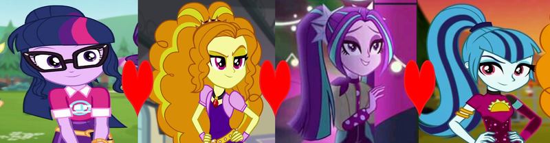 Size: 9000x2355 | Tagged: safe, derpibooru import, adagio dazzle, aria blaze, sci-twi, sonata dusk, twilight sparkle, equestria girls, equestria girls series, find the magic, rainbow rocks, sunset's backstage pass!, spoiler:eqg series (season 2), heart, image, png, polyamory, polygamy, shipping, shipping domino