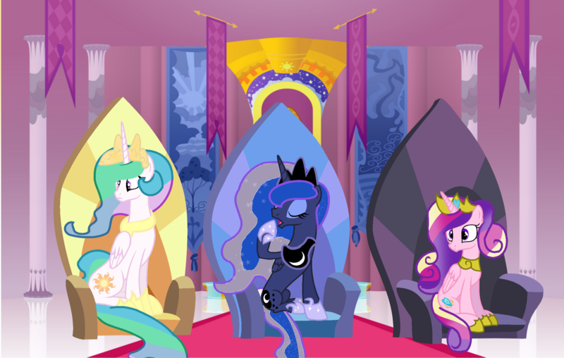 Size: 2156x1368 | Tagged: safe, artist:hugsartist, artist:hunternif, artist:parclytaxel, derpibooru import, princess cadance, princess celestia, princess luna, alicorn, pony, alicorn triarchy, female, image, mare, png, sitting, throne, yawn