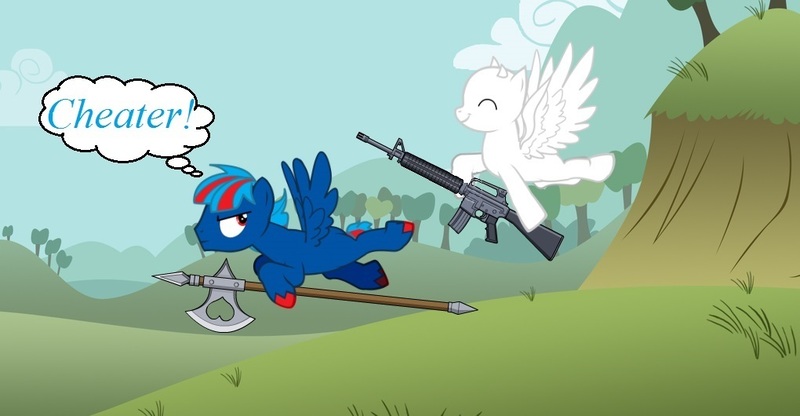 Size: 1020x530 | Tagged: safe, derpibooru import, oc, oc:hellfire, ghost, ghost pony, pegasus, pony, undead, pony creator, axe, battle axe, cheater, fantasy, foal, gun, image, jpeg, male, rifle, weapon