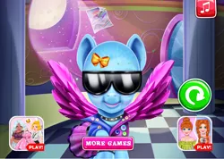 Size: 798x569 | Tagged: safe, derpibooru import, rainbow dash, pegasus, bald, balderdash, clothes, flash game, image, png, rainbow dash real haircuts, screenshots, smiling, solo, sunglasses, wings