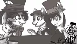 Size: 1280x750 | Tagged: safe, artist:amgiwolf, derpibooru import, angel bunny, oc, oc:amgi, ponified, pony, rabbit, alice in wonderland, animal, bowtie, bust, card, clothes, eyelashes, female, grin, hat, image, jpeg, limited palette, mad hatter, male, mare, smiling, stallion, top hat, underhoof