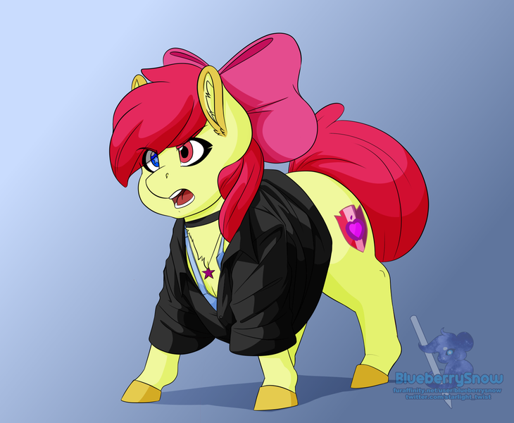 Size: 1500x1233 | Tagged: safe, artist:blueberrysnow, derpibooru import, apple bloom, oc, oc:miyuki o'connor, earth pony, pony, bow, character to character, choker, clothes, collar, cutie mark, digital art, ear fluff, female, filly, furry to pony, heterochromia, hooves, image, implied transformation, jewelry, loose fitting clothes, necklace, open mouth, png, shirt, simple background, starry eyes, tail, tanktop, transformed, unamused, wingding eyes