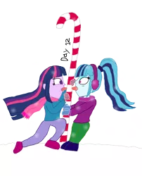 Size: 1280x1582 | Tagged: safe, artist:horroraceman93, derpibooru import, sonata dusk, twilight sparkle, equestria girls, a christmas story, candy, candy cane, female, food, image, lesbian, png, poll, shipping, simple background, snow, tongue out, tongue stuck to pole, tongue stuck to something frozen, transparent background, twinata