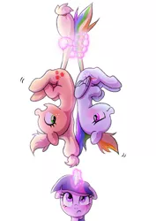 Size: 1032x1457 | Tagged: safe, artist:mochi_nation, derpibooru import, applejack, rainbow dash, twilight sparkle, earth pony, pegasus, pony, blushing, crossed legs, floppy ears, frown, hand, image, jpeg, looking at each other, magic, magic hands, simple background, tail, tail pull, telekinesis, upside down, white background