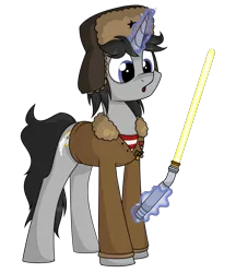 Size: 1771x2047 | Tagged: safe, artist:moonatik, derpibooru import, oc, oc:ragtime melody, unofficial characters only, pony, unicorn, clothes, commission, hat, horn, image, lightsaber, magic, male, medal, png, simple background, solo, stallion, star wars, transparent background, unicorn oc, ushanka, weapon