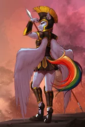 Size: 1900x2850 | Tagged: safe, artist:mykegreywolf, derpibooru import, rainbow dash, anthro, pegasus, unguligrade anthro, equestria divided, armor, eye scar, house stormwing, image, png, profile, raffle prize, scar, solo, spear, weapon
