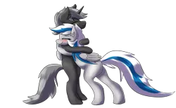 Size: 2917x1798 | Tagged: safe, artist:fluor1te, derpibooru import, oc, oc:lady lightning strike, oc:the ghost, unofficial characters only, black fur, blue highlight, blushing, duo, gray mane, grey fur, hug, image, png, simple background, transparent background, white mane