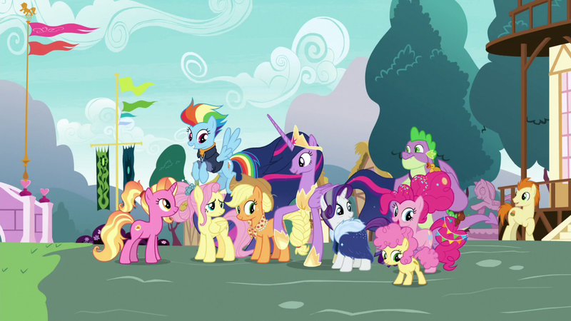 Size: 1920x1080 | Tagged: safe, derpibooru import, screencap, applejack, fluttershy, gallop j. fry, li'l cheese, luster dawn, pinkie pie, princess twilight 2.0, rainbow dash, rarity, spike, twilight sparkle, twilight sparkle (alicorn), alicorn, dragon, pony, the last problem, gigachad spike, image, mane six, older, older applejack, older fluttershy, older gallop j. fry, older pinkie pie, older rainbow dash, older rarity, older spike, png, winged spike