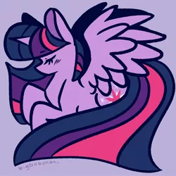 Size: 2000x2000 | Tagged: safe, artist:bigbobchan_, derpibooru import, twilight sparkle, twilight sparkle (alicorn), alicorn, pony, eyes closed, female, high res, image, jpeg, mare, profile, purple background, simple background, solo, spread wings, wings