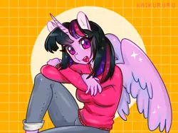 Size: 800x600 | Tagged: safe, artist:kaikururu, derpibooru import, twilight sparkle, alicorn, anthro, abstract background, adorasexy, breasts, busty twilight sparkle, clothes, cute, eyelashes, female, image, looking at you, open mouth, png, redraw, sexy, sitting, smiling, solo, sparkles, sweater, thighs, twiabetes, twilight sparkle (alicorn)