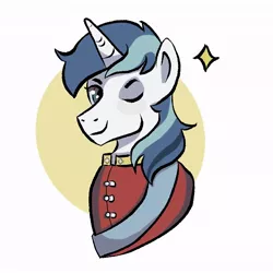 Size: 716x716 | Tagged: safe, artist:camaleao, derpibooru import, shining armor, pony, unicorn, clothes, image, jpeg, male, one eye closed, simple background, smiling, solo, stallion, uniform, wink