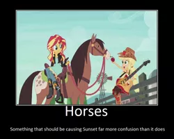 Size: 1075x860 | Tagged: safe, artist:thejboy88, derpibooru import, edit, edited screencap, screencap, applejack, lonestar, sunset shimmer, horse, equestria girls, friendship through the ages, country applejack, guitar, horse riding, horse riding a horse, image, motivational poster, musical instrument, png, riding a pony