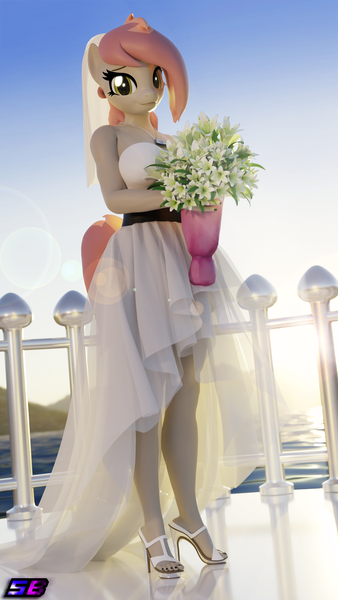 Size: 2160x3840 | Tagged: safe, artist:shadowboltsfm, derpibooru import, oc, oc:atari, anthro, plantigrade anthro, 3d, 4k, big breasts, blender, bouquet, breasts, clothes, cute, dawwww, dress, eyelashes, feet, flower, high heels, image, lens flare, looking at you, nail polish, not sfm, open-toed shoes, png, shoes, smiling, solo, standing, toenail polish, toes, veil, wedding dress