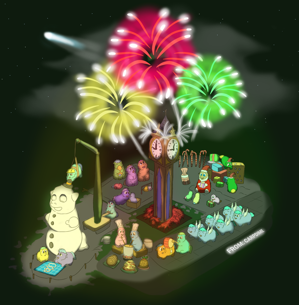 Size: 1810x1844 | Tagged: safe, artist:carpdime, derpibooru import, fluffy pony, choir, fireworks, fluffy pony foals, fluffy pony original art, hugbox, image, png, snowman