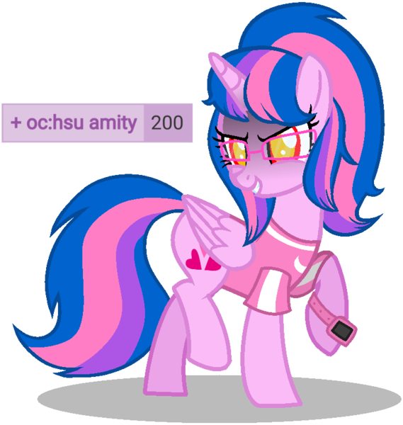 Size: 778x821 | Tagged: safe, artist:muhammad yunus, derpibooru import, oc, oc:hsu amity, alicorn, pony, derpibooru, 200, barely pony related, base used, clothes, evil, evil eyes, evil grin, female, glasses, grin, gritted teeth, heart, image, mare, meta, png, shadow, simple background, smiling, solo, tags, transparent background, watch