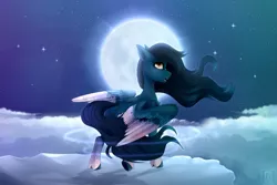 Size: 3543x2362 | Tagged: safe, artist:buvanybu, derpibooru import, oc, oc:daybreak, unofficial characters only, pegasus, pony, cloud, image, looking back, moon, night, png, sky, solo, two toned wings, wind, windswept mane, wings