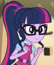 Size: 874x1048 | Tagged: safe, derpibooru import, edit, edited screencap, editor:mycarhasamoustache, screencap, sci-twi, twilight sparkle, equestria girls, movie magic, spoiler:eqg specials, cropped, image, png, smile edit, solo