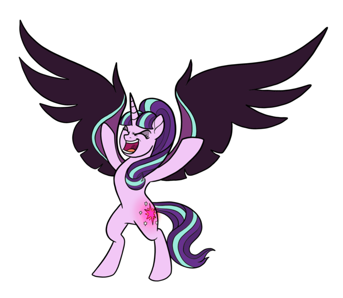 Size: 2300x2000 | Tagged: safe, artist:melspyrose, derpibooru import, starlight glimmer, alicorn, pony, alicornified, antagonist, bad end, cutie mark swap, cutie mark theft, image, implied twilight sparkle, insanity, large wings, laughing, png, race swap, s5 starlight, simple background, solo, starlicorn, this will end in communism, transformation, transparent background, twilight's cutie mark, vector, what if, wings, xk-class end-of-the-world scenario