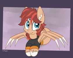 Size: 1750x1400 | Tagged: safe, artist:litrojia, derpibooru import, oc, oc:cottonwood kindle, unofficial characters only, monster pony, original species, spiderpony, clothes, ear fluff, hoodie, image, looking at you, male, multiple eyes, png, sitting, smiling at you, solo, species swap, unshorn fetlocks