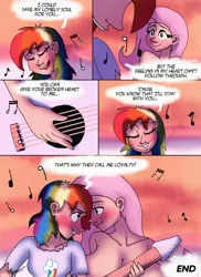 Size: 2978x4096 | Tagged: safe, artist:ringteam, derpibooru import, fluttershy, rainbow dash, human, comic:a certain confession, acousticbrony, big breasts, blushing, breasts, busty fluttershy, comic, eyes closed, female, flutterdash, guitar, huge breasts, humanized, image, jpeg, kissing, lesbian, loyalty, lyrics, musical instrument, playing, shipping, singing, song reference, speech bubble, text
