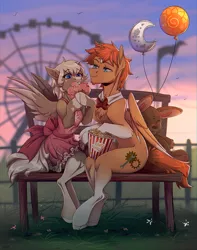 Size: 2343x2971 | Tagged: safe, artist:1an1, derpibooru import, oc, oc:coffee creamtrain, oc:geartrain, unofficial characters only, pegasus, semi-anthro, balloon, bedroom eyes, bench, coffeetrain, ferris wheel, food, image, plushie, png, popcorn