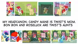 Size: 1920x1080 | Tagged: safe, derpibooru import, edit, edited screencap, screencap, apple bloom, aura (character), bon bon, candy mane, caramel, pinkie pie, roseluck, sweetie drops, tornado bolt, trixie, twist, call of the cutie, filli vanilli, inspiration manifestation, pinkie pride, student counsel, the cutie re-mark, the one where pinkie pie knows, flower, glasses, grin, hat, headcanon, hurricane storm, image, jpeg, offscreen character, open mouth, party hat, smiling, text, twisted bon bon, twisty doo, younger