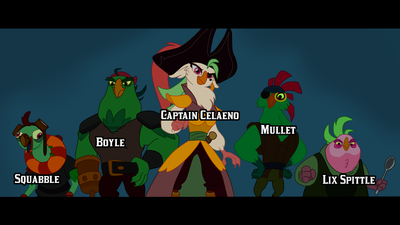 Size: 1920x1080 | Tagged: safe, artist:kazamacat, derpibooru import, boyle, captain celaeno, lix spittle, mullet (character), anthro, parrot pirates, fanfic:the master mev, my little pony: the movie, fanfic art, group, image, pirate, png, squabble