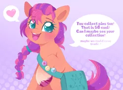 Size: 2235x1634 | Tagged: safe, artist:adostume, derpibooru import, sunny starscout, earth pony, pony, adorkable, badge, bag, blushing, braid, cute, cutie mark, dork, eyelashes, female, fluffy, g5, heart, image, in-universe pegasister, looking at you, mare, markings, one leg raised, pin, png, raised hoof, shoulder bag, simple background, sitting, smiling, socks (coat marking), solo, speech bubble, sunnybetes, talking to viewer, teeth, tongue out, unshorn fetlocks
