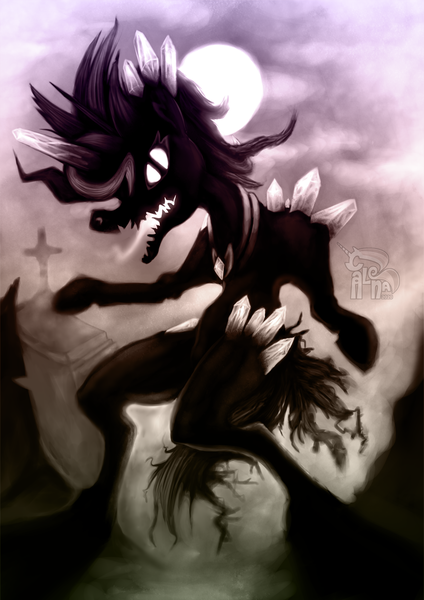 Size: 935x1323 | Tagged: semi-grimdark, artist:calena, derpibooru import, oc, oc:trinity deblanc, unofficial characters only, monster pony, cemetery, creepy, crucifix, crystal, explicit description, fog, halloween, halloween 2020, holiday, image, monster, moon, nightmare night, png, scary, scary face, solo