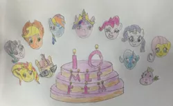 Size: 1280x786 | Tagged: safe, artist:jwwprod, derpibooru import, applejack, fluttershy, moondancer, pinkie pie, rainbow dash, rarity, spike, starlight glimmer, sunset shimmer, trixie, twilight sparkle, pegasus, pony, unicorn, anniversary, anniversary art, cake, food, happy 10th anniverary mlp: fim, happy birthday mlp:fim, image, jpeg, mane seven, mane six, mlp fim's tenth anniversary, traditional art