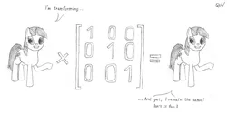 Size: 1000x500 | Tagged: safe, artist:quint-t-w, derpibooru import, twilight sparkle, pony, unicorn, dialogue, image, linear algebra, looking at you, math, math joke, matrix (mathematics), old art, pencil drawing, png, sketch, traditional art, transformation, unicorn twilight