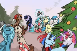 Size: 1500x1000 | Tagged: safe, artist:elisdoominika, derpibooru import, oc, oc:cosmia nebula, oc:fahu, oc:legion, oc:sweet elis, oc:synthia, oc:thinker blue, oc:wond, unofficial characters only, earth pony, pegasus, pony, unicorn, christmas, christmas lights, christmas stocking, christmas tree, clothes, eyes closed, female, giggling, group, grumpy, hat, holiday, holy, image, male, mare, mistletoe, png, scarf, sitting, smiling, socks, stallion, stockings, striped socks, talking, thigh highs, tongue out, top hat, tree