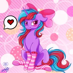 Size: 2000x2000 | Tagged: safe, artist:stainedglasslighthea, derpibooru import, oc, oc:cosmic spark, unofficial characters only, pony, unicorn, abstract background, blushing, bow, clothes, female, hair bow, image, looking at you, mare, png, socks, solo, striped socks, unamused