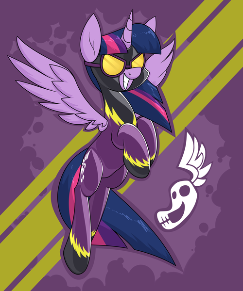 Size: 2053x2465 | Tagged: safe, alternate version, artist:moonatik, derpibooru import, twilight sparkle, twilight sparkle (alicorn), alicorn, pony, abstract background, clothes, costume, female, goggles, grin, image, latex, latex suit, mare, png, shadowbolts, shadowbolts costume, shadowbolts logo, smiling, solo, spread wings, wings