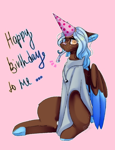 Size: 1652x2160 | Tagged: safe, artist:ellis_sunset, derpibooru import, oc, unofficial characters only, pegasus, pony, bandaid, clothes, colored hooves, freckles, frog (hoof), happy birthday, hat, heterochromia, image, jewelry, jpeg, necklace, party hat, party horn, pegasus oc, pink background, simple background, two toned wings, underhoof, wings, yin-yang