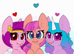 Size: 1160x845 | Tagged: safe, artist:pegamutt, derpibooru import, izzy moonbow, pipp petals, sunny starscout, earth pony, pegasus, pony, unicorn, g5, :p, adorapipp, animated, chest fluff, colored pupils, cute, female, gif, heart, image, izzybetes, looking at you, mare, multicolored hair, sunnybetes, tongue out