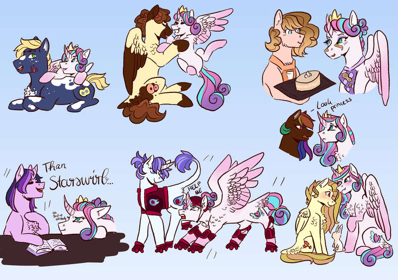 Size: 2893x2039 | Tagged: safe, artist:lunacat2001, derpibooru import, princess flurry heart, oc, oc:farebelle, oc:party popper, oc:peach heart, oc:ruby, oc:silly billy, oc:starry night, oc:zap apple, alicorn, earth pony, pegasus, pony, unicorn, baking, book, cake, colt, cousins, female, filly, food, gradient background, image, magical lesbian spawn, male, next generation, offspring, older, older flurry heart, parent:bulk biceps, parent:cheese sandwich, parent:donut joe, parent:double diamond, parent:fluttershy, parent:pinkie pie, parent:rainbow dash, parent:rarity, parent:starlight glimmer, parent:twilight sparkle, parents:cheesedash, parents:diamond duo, parents:flutterbulk, parents:pinkiejoe, parents:twistarlight, png, roller skates