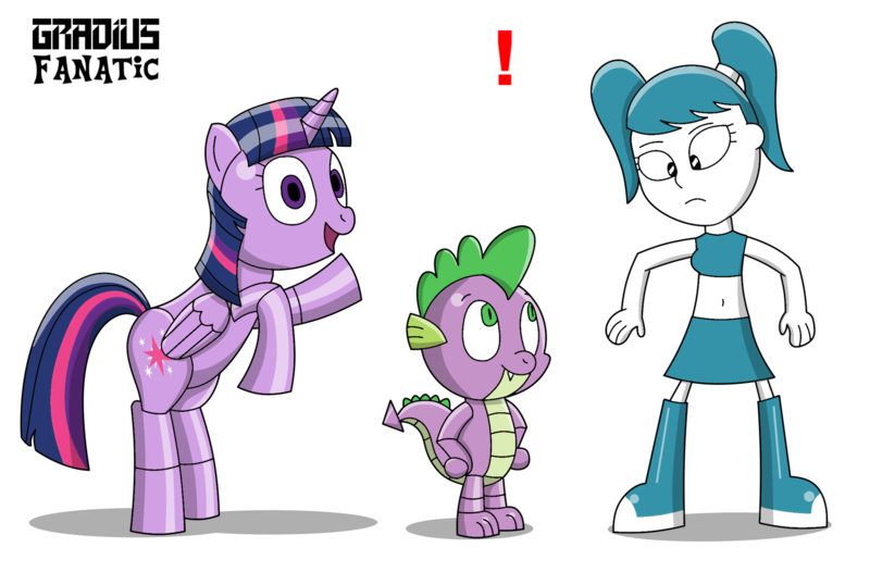 Size: 2067x1391 | Tagged: safe, artist:gradiusfanatic, derpibooru import, spike, twilight sparkle, twilight sparkle (alicorn), alicorn, dragon, human, pony, robot, robot pony, crossover, humanized, image, jenny wakeman, my life as a teenage robot, png, roboticization, species swap, spikebot, twibot